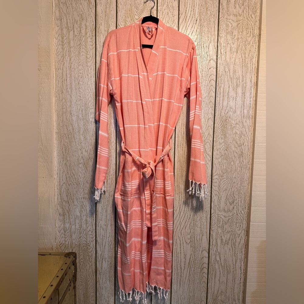 Coral Striped Fringe Kimono Robe Size L/XL